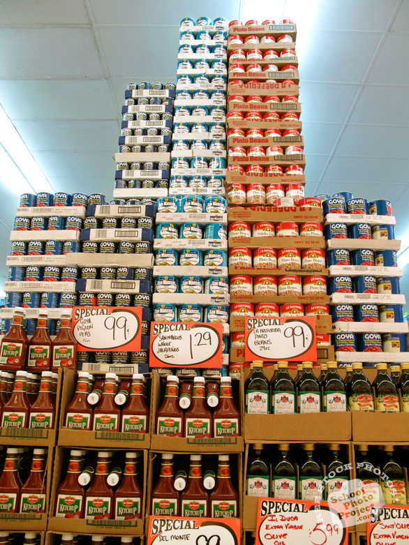 canned food, ketchup, olive oil, food inventory, grocery store, food photos, free photo, free stock photo, free picture, royalty-free image, school project use