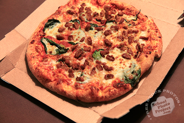 pizza, large pizza, sausage spinach pizza, fresh pizza, bakery photo, free photo, free images, stock photos, stock images, royalty-free image