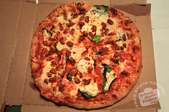 pizza, large pizza, sausage spinach pizza, home-delivered pizza, fresh pizza, bakery photo, free photo, free images, stock photos, stock images, royalty-free image