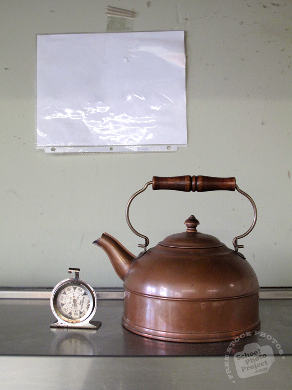 kettle, copper kettle, teapot, temperature clock, tableware, silverware, kitchenware, kitchen appliances, cooking tools, free stock photo, free picture, stock photography, stock image, royalty-free image