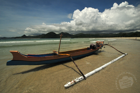 canoe, boat, sandy beach, seaside, cumulonimbus cloud, sunny sky, blue sky, tropical island, panorama, nature photo, free stock photo, free picture, stock photography, royalty-free image