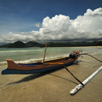 canoe, boat, sandy beach, seaside, cumulonimbus cloud, sunny sky, blue sky, tropical island, panorama, nature photo, free stock photo, free picture, stock photography, royalty-free image