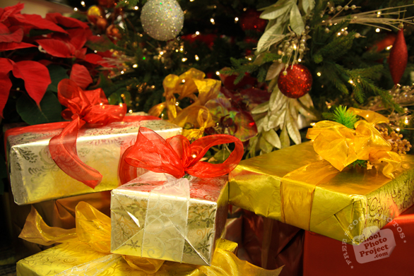 Christmas gifts, wrapped presents, ribbon, bauble, Christmas decoration, Christmas tree ornaments, Xmas, religious holiday, seasonal picture, holidays celebration, free stock photo, free picture, stock photography, royalty-free image