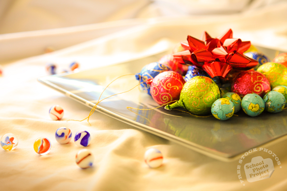 chocolate, plate, ribbon, glass marbles, Christmas assortment, Christmas decoration, Xmas celebration, bauble, religious holiday, seasonal picture, holidays celebration, free stock photo, free picture, stock photography, royalty-free image